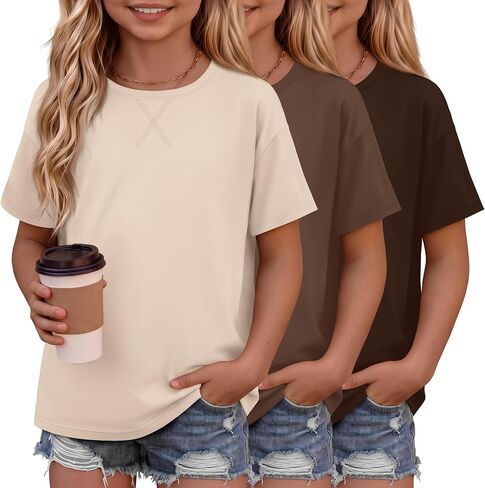 3 Pack Girls' Short Sleeve Shirts Kids Summer Crew Neck Tops Casual Plain T-Shirts Loose Basic Tee 5-14 Years in Kuwait