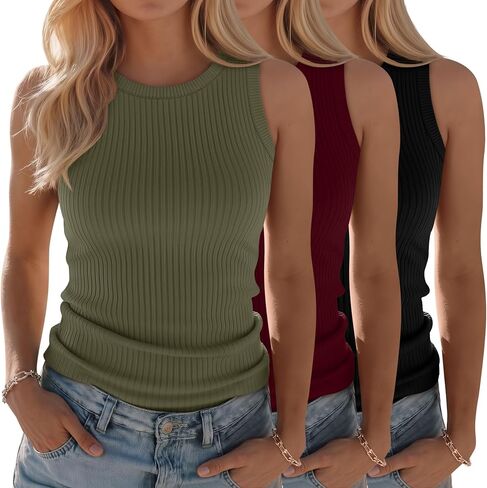 3 Pack Women's Ribbed Tank Tops 95% Cotton Sleeveless Casual Knit Slim Shirts Crew Neck Summer Basic Tops in Saudi Arabia