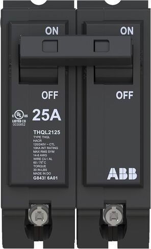 ABB Q-Line® THQL2125 Circuit Breaker • 25 Amp Double-Pole Breaker • 120/240 VAC • 10 kAIC Interrupt Rating • Thermal Magnetic Plug-On Breaker for Load Centers in Kuwait
