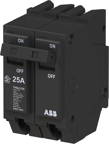 ABB Q-Line® THQL2125 Circuit Breaker • 25 Amp Double-Pole Breaker • 120/240 VAC • 10 kAIC Interrupt Rating • Thermal Magnetic Plug-On Breaker for Load Centers in Kuwait