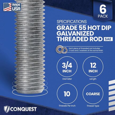 Conquest Grade 55 قضيب ملولب مجلفن بالغمس الساخن 3/4 بوصة - 10 × 12 بوصة (6 عبوات)، قضبان خشنة مصنوعة في الولايات المتحدة الأمريكية - تلبي معايير ASTM A193 الصف 55 in Kuwait