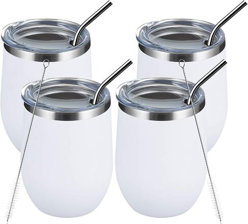أكواب نبيذ MEWAY Stemless سعة 12 أونصة مع غطاء - كوب سفر من الفولاذ المقاوم للصدأ معزول بجدار مزدوج مع شفاطة، للنساء أقل من 10 دولارات (أبيض، 1) in Kuwait