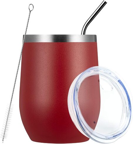 أكواب نبيذ MEWAY Stemless سعة 12 أونصة مع غطاء - كوب سفر من الفولاذ المقاوم للصدأ معزول بجدار مزدوج مع شفاطة، للنساء أقل من 10 دولارات (أبيض، 1) in Kuwait