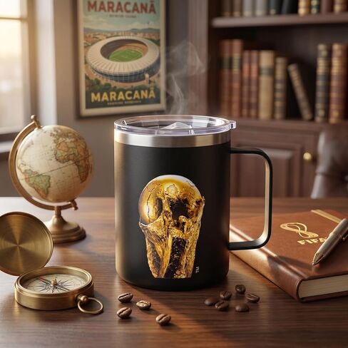 Official FIFA World Cup 2026 16oz Insulated Travel Coffee Mug with Handle – Stainless Steel Double-Wall Vacuum Tumbler (Keeps Drinks Hot 12 Hrs) – "We Are 26" Gold Trophy Design for Soccer Fans in Kuwait