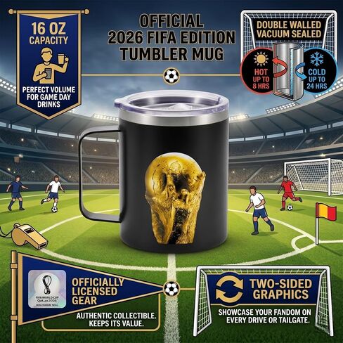 Official FIFA World Cup 2026 16oz Insulated Travel Coffee Mug with Handle – Stainless Steel Double-Wall Vacuum Tumbler (Keeps Drinks Hot 12 Hrs) – "We Are 26" Gold Trophy Design for Soccer Fans in Kuwait