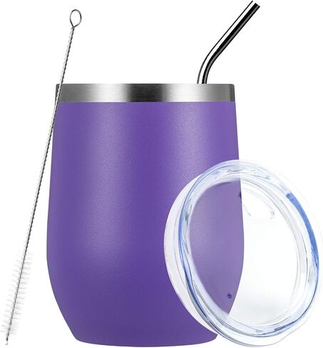 أكواب نبيذ MEWAY Stemless سعة 12 أونصة مع غطاء - كوب سفر من الفولاذ المقاوم للصدأ معزول بجدار مزدوج مع شفاطة، للنساء أقل من 10 دولارات (أبيض، 1) in Kuwait