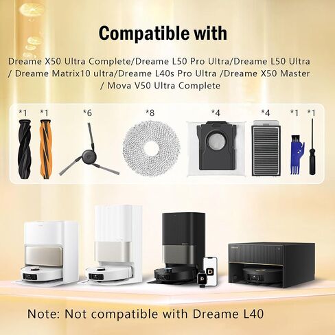 24pcs ملحقات لـ Dreame X50 Ultra L50 Ultra L40S Pro Ultra/Mova V50 Ultra Robot Presace Parts ، فرشين رئيسيين ، 8 منصات ممسحة ، 6 فرش جانبية ، 4 مرشحات HEPA ، 4 أكياس غبار in Kuwait