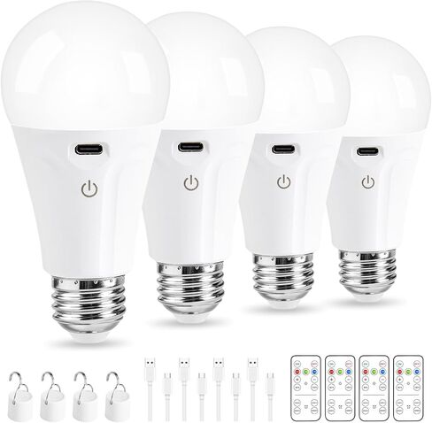 Powfloven Rechargeable Light Bulbs with Remote Control and USB Charging; Dimmable Battery Operated Light Bulb with 3 Color and 4 Timer; A19 Wireless Light Bulbs for Wall Sconce Not-Hardwired, 1 Pack in Kuwait