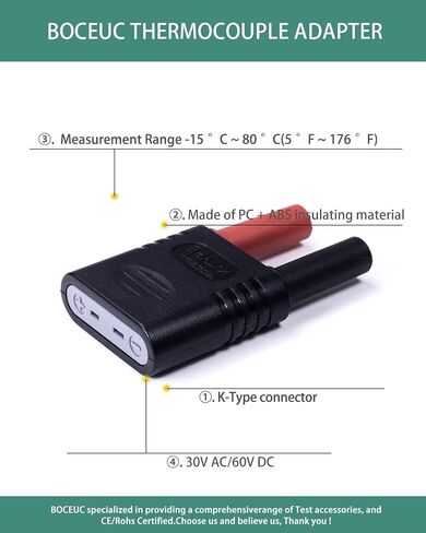Thermocouple Adapter, Type-K to Dual 4 mm Banana Plug, 30 V AC, 60 V DC in Kuwait