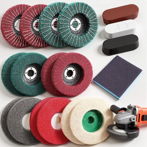 18 Pack 4 Inch Buffering Wheels Polishing Kit with Compound for Angle Grind | Includes 14 Pcs Nylon Fiber Flap Disc & Wool Felt Polishing Wheel, 3 Pcs Buffing Compounds and Sanding Sponge in Kuwait
