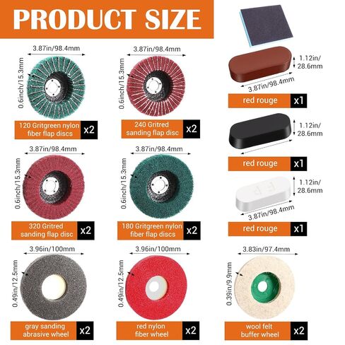 18 Pack 4 Inch Buffering Wheels Polishing Kit with Compound for Angle Grind | Includes 14 Pcs Nylon Fiber Flap Disc & Wool Felt Polishing Wheel, 3 Pcs Buffing Compounds and Sanding Sponge in Kuwait