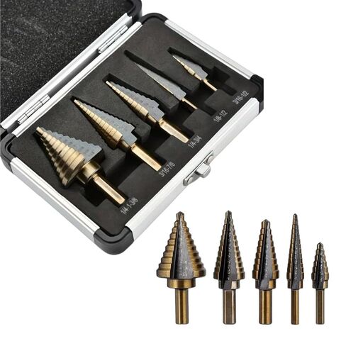 5PCS Step Drill Bit Set Carbon Steel HSS Cobalt Titanium Conical 50 Sizes Aluminum Case for Construction Carpentry Metalwork in Kuwait