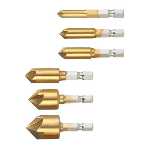 6-piece set of hexagonal shank titanium-plated five-flute chamfering cutters and countersink drills (6-19mm). Woodworking spot and face milling cutter set. Metal and wood hole reaming and countersinki in Kuwait