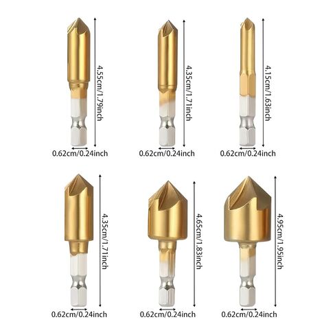 6-piece set of hexagonal shank titanium-plated five-flute chamfering cutters and countersink drills (6-19mm). Woodworking spot and face milling cutter set. Metal and wood hole reaming and countersinki in Kuwait