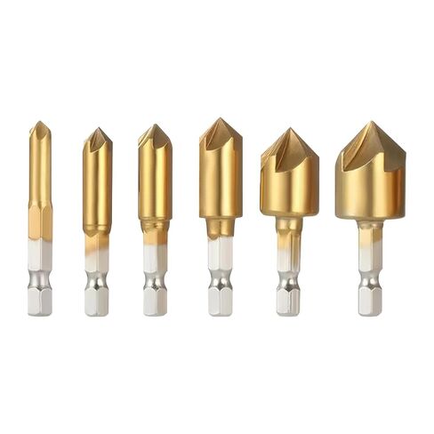 6-piece set of hexagonal shank titanium-plated five-flute chamfering cutters and countersink drills (6-19mm). Woodworking spot and face milling cutter set. Metal and wood hole reaming and countersinki in Kuwait