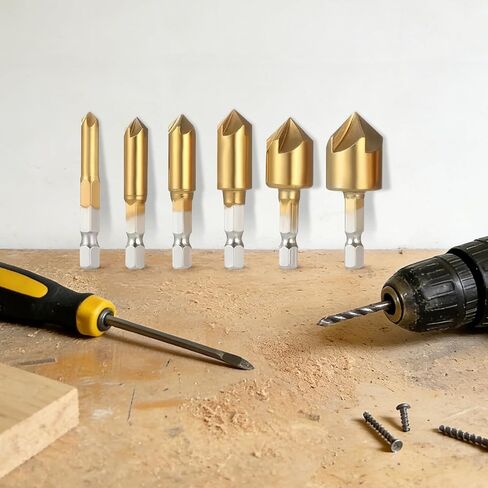 6-piece set of hexagonal shank titanium-plated five-flute chamfering cutters and countersink drills (6-19mm). Woodworking spot and face milling cutter set. Metal and wood hole reaming and countersinki in Kuwait