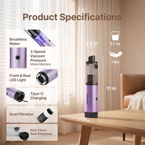مكنسة كهربائية صغيرة للسيارة Shop-Vac S4 لاسلكية، بقدرة 15000 باسكال 4 في 1، مكنسة مكتبية محمولة ومنفضة هواء مع محرك بدون فرشاة، ضوء LED، فوهات متعددة، وضعان، للسيارة والمكتب وتنظيف لوحة المفاتيح (أرجواني) in Kuwait