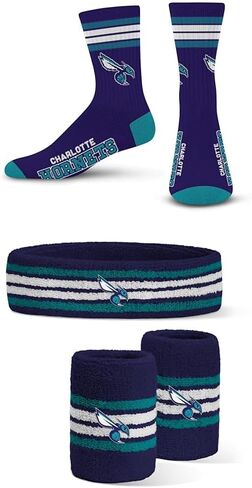 من أجل Bare Feet Charlotte Hornets Fan Bundle NBA Youth 4-Stripe Deuce Crew Socks + عصابة رأس رسمية وسوار معصم (شباب OSFM) in Kuwait