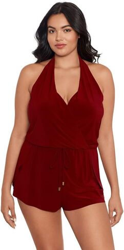 MagicSuit Women's Swimwear Plus Solid Bianca V-Neck Soft Cup Halter One Piece Romper Swimsuit in Kuwait