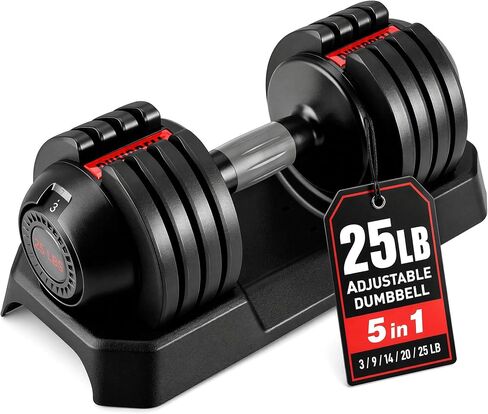 LIFERUN 25LB مجموعة دمبل قابلة للتعديل / فردية، دمبل وزن 5 في 1 مع مقبض مضاد للانزلاق، تعديل قرص واحد في ثانية، توفير المساحة للرجال والنساء، للمبتدئين والتدريب المنزلي على تشكيل الجسم in Kuwait