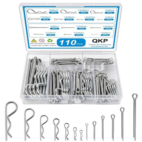 QKP 110Pcs Hardware Pins Assortment Kit, Zinc Plated | R Clips & U Type Cotter Pins, 13 Sizes R-Type Hairpin Fasteners, For Hitch Pin Lock, Trailer, Truck in Kuwait