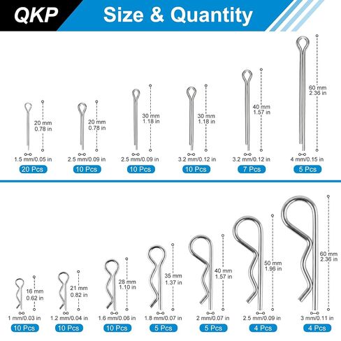 QKP 110Pcs Hardware Pins Assortment Kit, Zinc Plated | R Clips & U Type Cotter Pins, 13 Sizes R-Type Hairpin Fasteners, For Hitch Pin Lock, Trailer, Truck in Kuwait