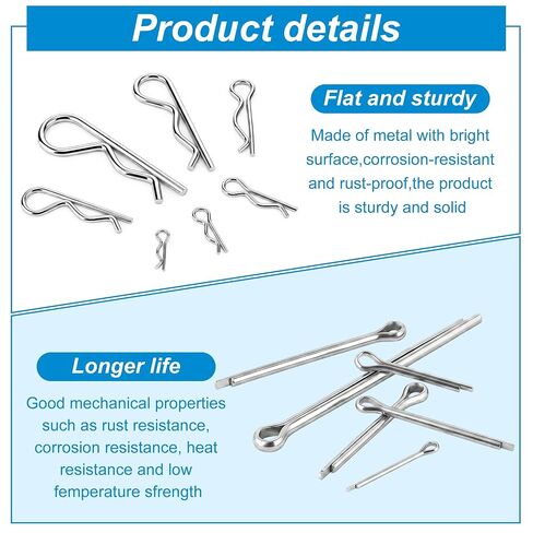 QKP 110Pcs Hardware Pins Assortment Kit, Zinc Plated | R Clips & U Type Cotter Pins, 13 Sizes R-Type Hairpin Fasteners, For Hitch Pin Lock, Trailer, Truck in Kuwait