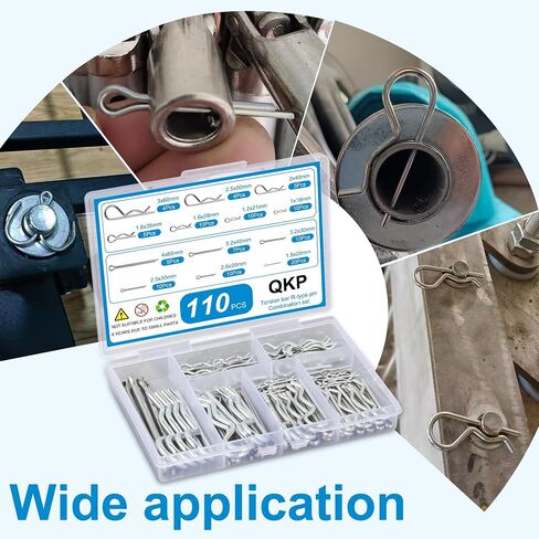 QKP 110Pcs Hardware Pins Assortment Kit, Zinc Plated | R Clips & U Type Cotter Pins, 13 Sizes R-Type Hairpin Fasteners, For Hitch Pin Lock, Trailer, Truck in Kuwait