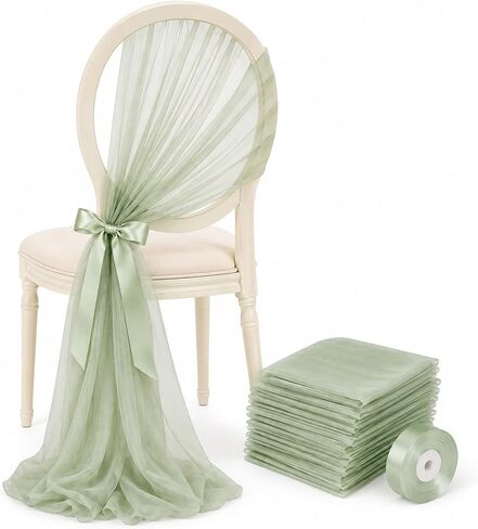zhidiloveyou 16PCS Wedding Chair Sashes with 1 Ribbon for Decor, Sage Green | Wedding Aisle Decorations Universal 8x108 inch Sheer Chair Covers for Party Banquets Bridal Shower Church Ceremony Event in Kuwait