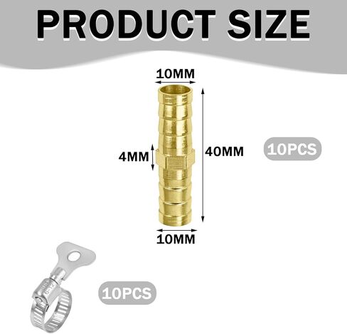 3/8" Brass Hose Barb Fitting, 10PCS Hose Repair Straight Connector Barb 10mm Fitting Metals Splicer Mender with 10pcs Stainless Steel Pipe Clamp for Fuel Line Gas Water Air in Kuwait