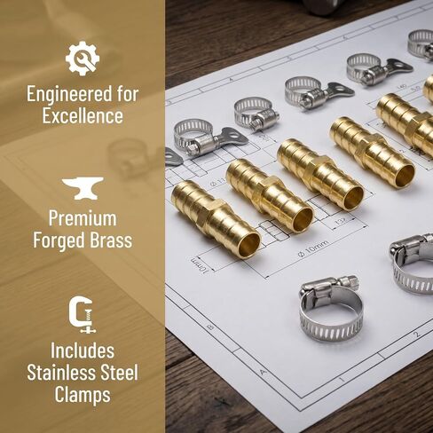 3/8" Brass Hose Barb Fitting, 10PCS Hose Repair Straight Connector Barb 10mm Fitting Metals Splicer Mender with 10pcs Stainless Steel Pipe Clamp for Fuel Line Gas Water Air in Kuwait