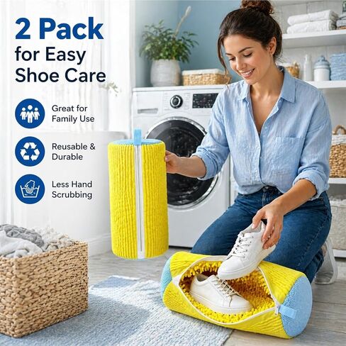 Shoe Washing Machine Bag, 2 Pack Sneaker Cleaning Bags for Washer & Dryer, Hidden Zipper Laundry Shoe Bag Protects Shoes & Drum, Fits Tennis Shoes and Daily Footwear (Yellow) in Kuwait
