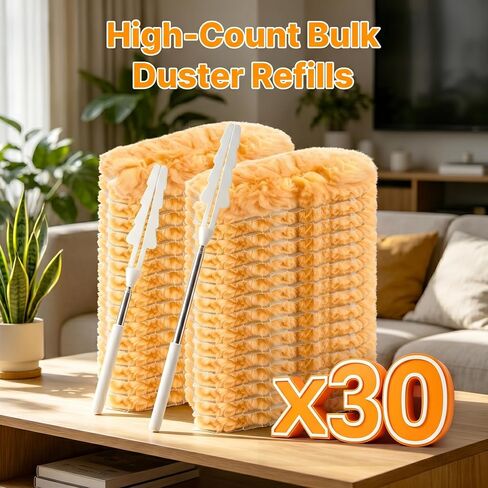 30PCS Duster Refills Compatible with Swiffer Dusters, 360 Heavy Duty Duster with 2 Extendable Handles for Ceiling Fan & Everyday Cleaning, Microfiber Duster for High Ceilings, Lamps, Furniture, Blinds in Kuwait