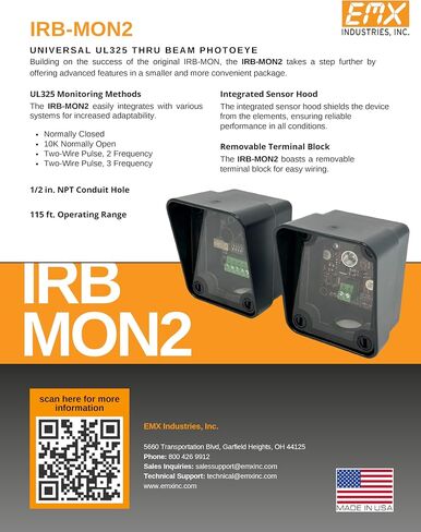 EMX IRB-MON2 Universal UL325 Thru-Beam Photoeye Kit 115 ft Range 10K 2-Wire Pulse NC Monitoring IP65 in Saudi Arabia