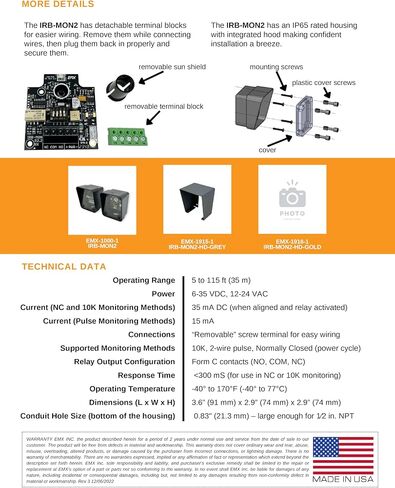 EMX IRB-MON2 Universal UL325 Thru-Beam Photoeye Kit 115 ft Range 10K 2-Wire Pulse NC Monitoring IP65 in Saudi Arabia