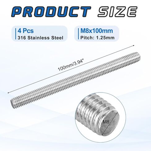 MECCANIXITY 4Pack M8x100mm قضيب ملولب بالكامل، 316 الفولاذ المقاوم للصدأ اليد اليمنى جميع مسامير اللولب لتثبيت الأثاث، درجة 1.25 مم in Kuwait