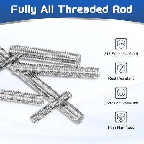 MECCANIXITY 4Pack M8x100mm قضيب ملولب بالكامل، 316 الفولاذ المقاوم للصدأ اليد اليمنى جميع مسامير اللولب لتثبيت الأثاث، درجة 1.25 مم in Kuwait