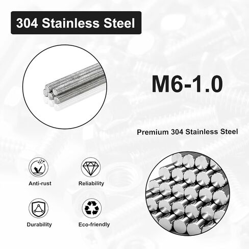 M6 Threaded Rods 250mm M6-1.0 Fully Threaded Rod 304 Stainless Steel Right-Hand Screw Rods for Lawn Mower Carburetor, Mechanical Fastening M6x1.0 Bolt Applications (5PCS) in Kuwait