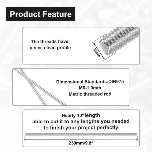 M6 Threaded Rods 250mm M6-1.0 Fully Threaded Rod 304 Stainless Steel Right-Hand Screw Rods for Lawn Mower Carburetor, Mechanical Fastening M6x1.0 Bolt Applications (5PCS) in Kuwait