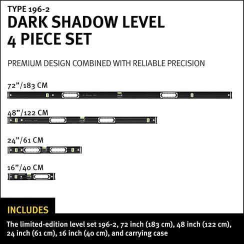 STABILA Dark Shadow Level set 196-2, 72 inch (183 cm), 48 inch (122 cm), 24 inch (61 cm), 16 inch (40 cm), and carrying case, Cat. Number 37400 in Kuwait