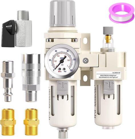 3/8"NPT Air Filter Pressure Regulator Water/Oil Trap Separator Combo, Air Compressor Filter with Gauge, 0-145PSI, AC3010-03, for air compressors,pneumatic tools (Manual Drainage) in Kuwait