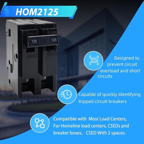 قاطع الدائرة الكهربائية HOM2125 بقوة 125 أمبير ثنائي القطب - متوافق مع معظم مراكز التحميل، وCSED، ومراكز تحميل SD HOM، بتصنيف 120/240 فولت تيار متردد، 10 كيلو أمبير، حامل إضافي، مؤشر Visi-Trip in Kuwait