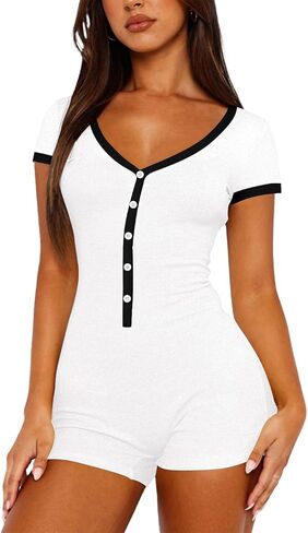 LEEDYA Womens Zipped up Jumpsuits Sexy V Neck One Piece Romper Casual Short Sleeve Sleepwaer Summer Cute Slim Shorts Pajamas in Saudi Arabia