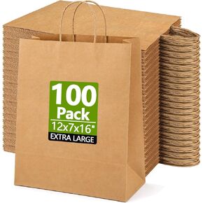 Large Brown Paper Bags with Handles 12x7x16",100 Pack Reusable Kraft Grocery Bags for Retail,Takeout,Shopping and Gift Packaging in Kuwait