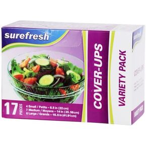 أغطية الأطباق من Surefresh - 17 عبوة من الأغطية المرنة للاستعمال مرة واحدة (4 صغيرة، 7 متوسطة و6 كبيرة) - حلول تخزين الطعام القابلة للتمدد للأطباق - أكياس حفظ طازجة لتغليف المطبخ وختمه، شفافة in Kuwait