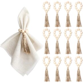 Napkin Rings Set of 12, Wooden Napkin Rings Bulk, Boho Rustic Wood Beaded Napkin Ring with Jute Rope Tassels for Christmas Farmhouse Wedding Graduation Thanksgiving Home Dining Table Party Decoration in Kuwait