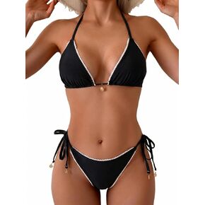 QJQ Women's Triangle 2 Piece Bikini Sets Tie Back Bathing Suit Tie Lace Halter String Swimsuit Swimwear in Saudi Arabia