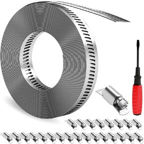 GASHER 32FT 304 مجموعة مشابك خرطوم من الفولاذ المقاوم للصدأ DIY، ربط معدني بفتحات + 25 مشبك أقوى، مشابك دودة أنابيب قابلة للتعديل، للقناة، المبرد، خط الوقود، حمام السباحة، الأنابيب in Kuwait