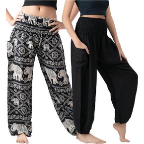 B BANGKOK PANTS سروال حريمي للنساء مع جيب مقاس واحد يناسب الفيل الأسود والأسود الكلاسيكي (قطعتان) in Kuwait