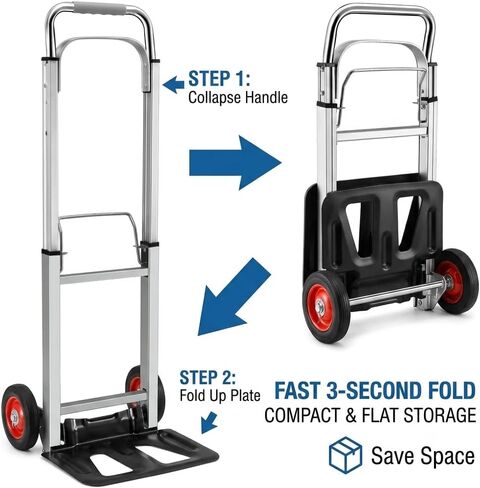 Folding Aluminum Hand Truck, 220 lbs Capacity, Heavy-Duty, Portable Collapsible Dolly with 6-Inch Rubber Wheels, for Moving, Office, Travel, and Home Appliances (Silver) in Kuwait